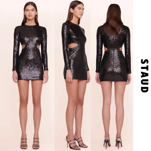 STAUD - Black Sequins Long Sleeve Mini Cut Out Dress - XS - Picture 1 of 15